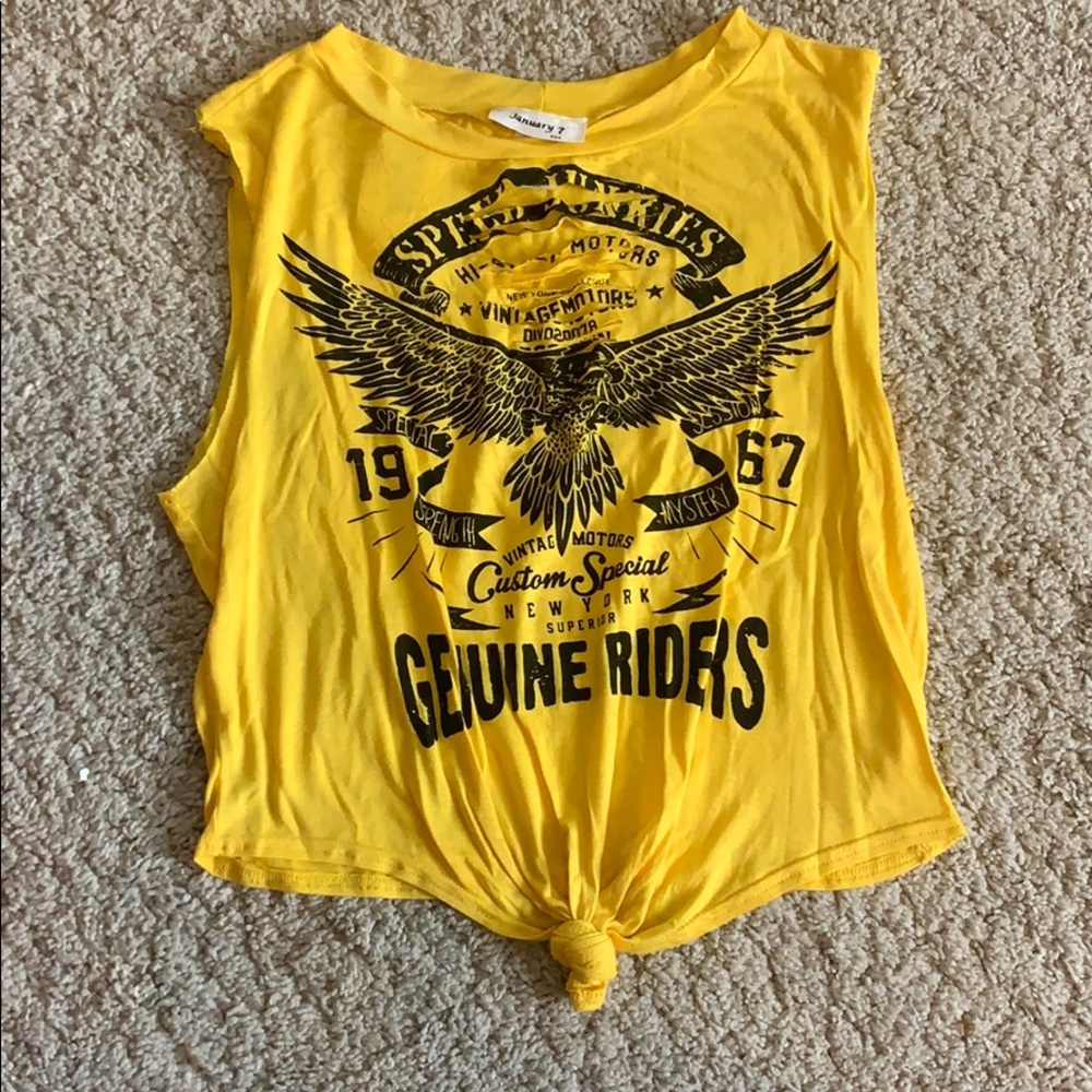 yellow tank top with writing